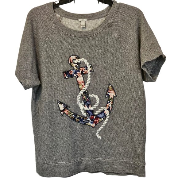 J. Crew's Women's Gray Terry Tee with Embroidered Floral Anchor Nautical Size L - Picture 1 of 5
